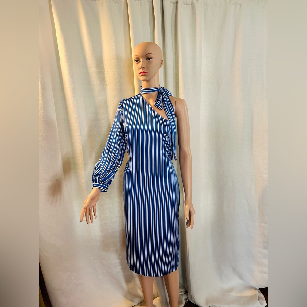 Banana Republic Blue Striped One-Shoulder Midi Dress.